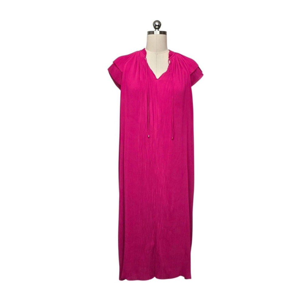 J.McLaughlin Magenta Pink Pleated Midi Dress Flutter Sleeve V-Neck Tassel Size M